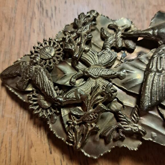 RARE 1940\'s Brass Custom Belt Buckle Hummingbird Butterfly Birds Sunflowers main image 7